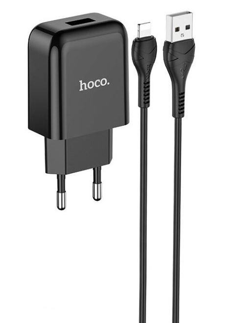 Set Incarcator Retea + Cablu Date Lightning Hoco N2 Vigour 1xUSB 2.1A 1m Negru thumb