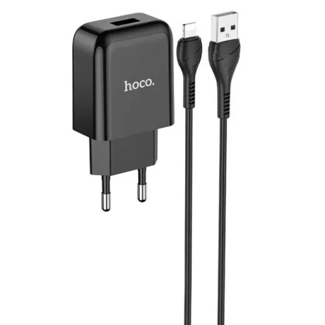 Set Incarcator Retea + Cablu Date Lightning Hoco N2 Vigour 1xUSB 2.1A 1m Negru