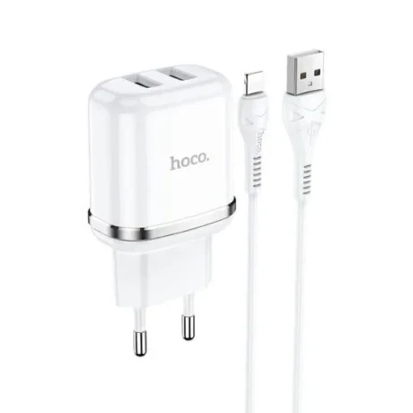 Set Incarcator Retea + Cablu Date Lightning Hoco N4 Aspiring 2xUSB 12W 2.4A 1m Alb