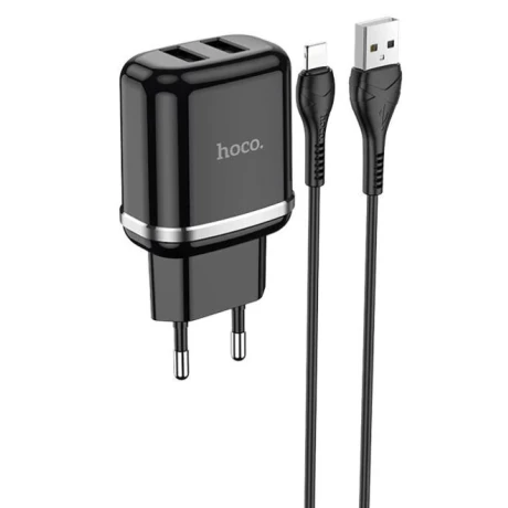 Set Incarcator Retea + Cablu Date Lightning Hoco N4 Aspiring 2xUSB 12W 2.4A 1m Negru