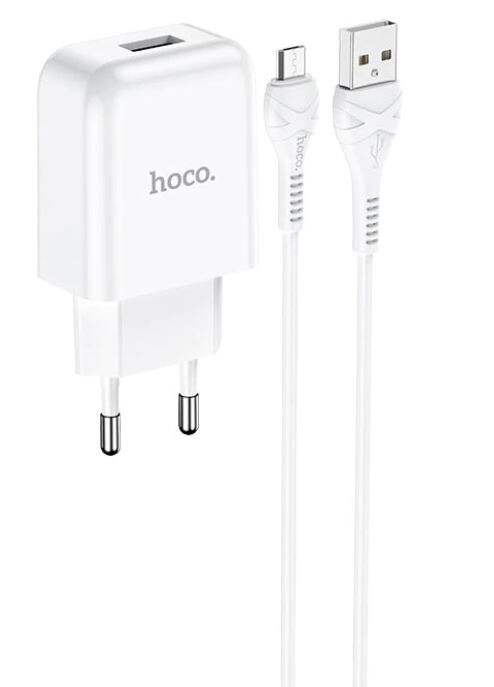 Set Incarcator Retea + Cablu Date Micro Usb Hoco N2 Vigour 1xUSB 2.1A 1m Alb thumb