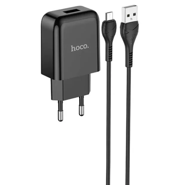 Set Incarcator Retea + Cablu Date Micro Usb Hoco N2 Vigour 1xUSB 2.1A 1m Negru