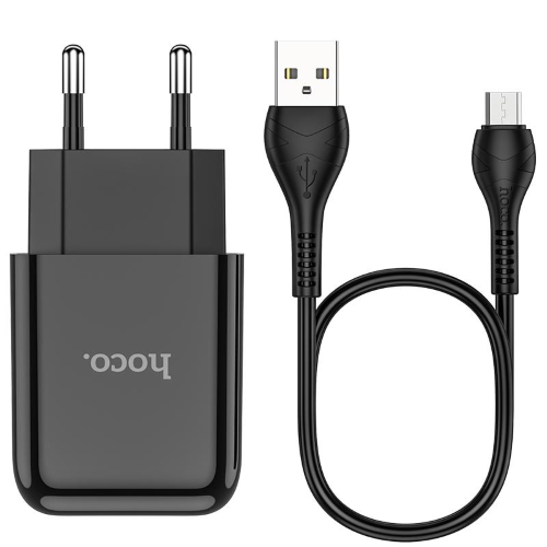 Set Incarcator Retea + Cablu Date Micro Usb Hoco N2 Vigour 1xUSB 2.1A 1m Negru thumb