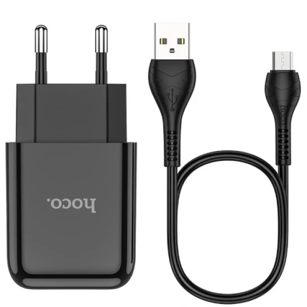 Set Incarcator Retea + Cablu Date Micro Usb Hoco N2 Vigour 1xUSB 2.1A 1m Negru