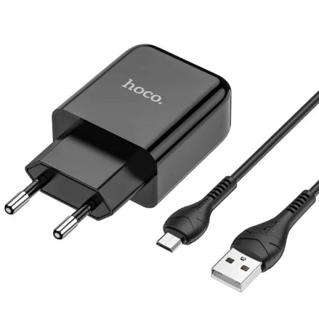 Set Incarcator Retea + Cablu Date Micro Usb Hoco N2 Vigour 1xUSB 2.1A 1m Negru