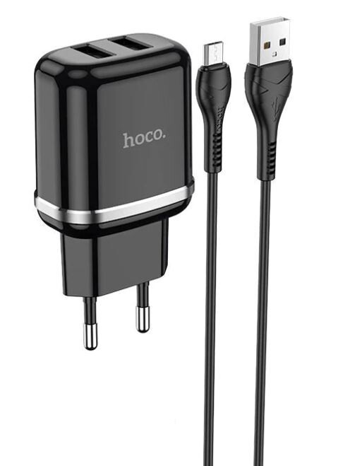 Set Incarcator Retea + Cablu Date Micro Usb Hoco N4 Aspiring 2xUSB 12W 2.4A 1m Negru thumb