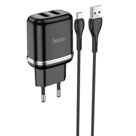 Set Incarcator Retea + Cablu Date Micro Usb Hoco N4 Aspiring 2xUSB 12W 2.4A 1m Negru
