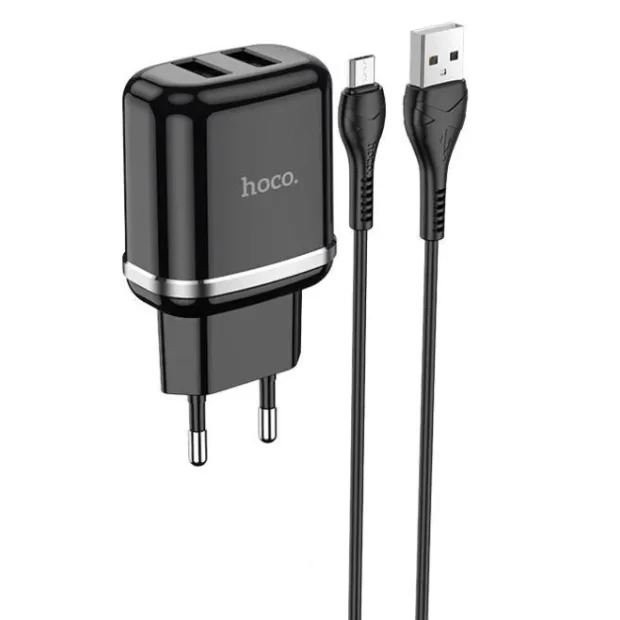 Set Incarcator Retea + Cablu Date Micro Usb Hoco N4 Aspiring 2xUSB 12W 2.4A 1m Negru