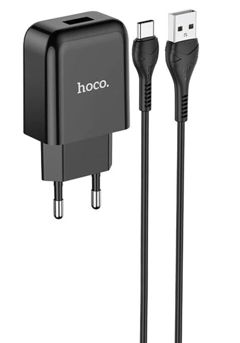 Set Incarcator Retea + Cablu Date Type C Hoco N2 Vigour 1xUSB 2.1A 1m Negru thumb
