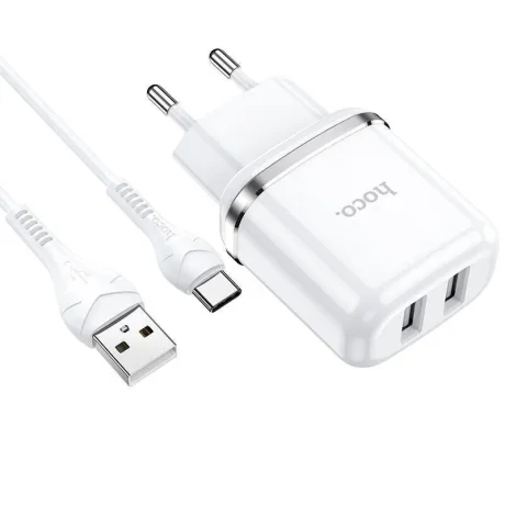 Set Incarcator Retea + Cablu Date Type C Hoco N4 Aspiring 2xUSB 12W 2.4A 1m Alb