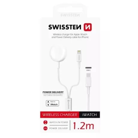 Incarcator Wireless Swissten 2in1 pentru iWatch si Cablu Date Lightning PD 2.4A Alb