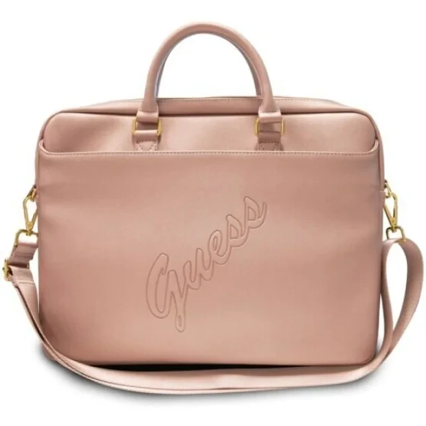 Geanta Laptop Guess PU Saffiano Vintage Script 15/16 Pink