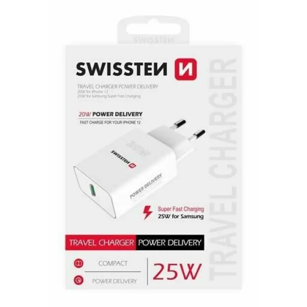 Incarcator Retea Swissten pentru iPhone si Samsung 25W Alb