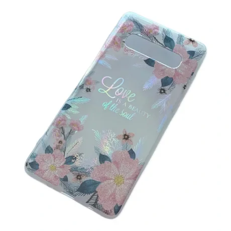Husa Cover Silicon Fashion pentru Samsung Galaxy S10 Plus Transparent Flori Roz