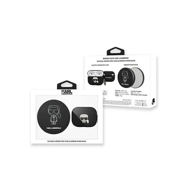 Husa Cover Karl Lagerfeld Bundle Iconic pentru Airpods Pro Black + Baterie Externa 2000 mAh
