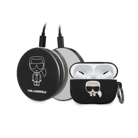 Husa Cover Karl Lagerfeld Bundle Iconic pentru Airpods Pro Black + Baterie Externa 2000 mAh
