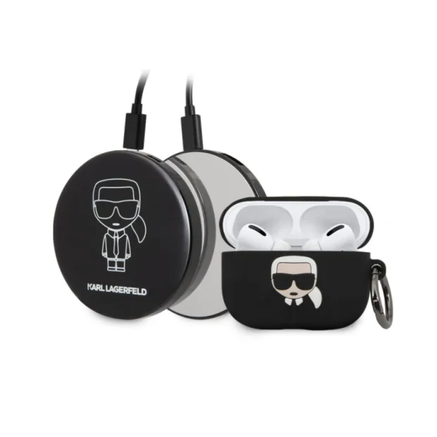 Husa Cover Karl Lagerfeld Bundle Iconic pentru Airpods Pro Black + Baterie Externa 2000 mAh