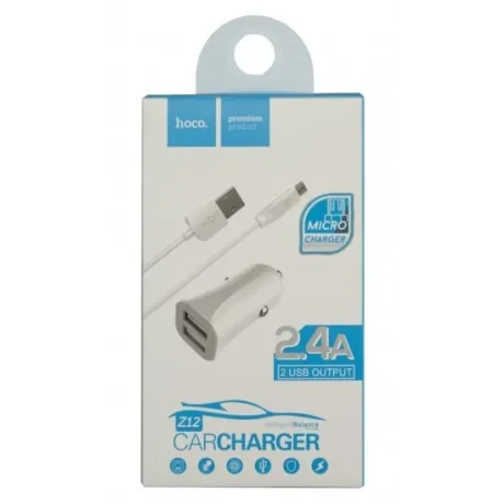 Incarcator Auto Hoco Z12 2xUSB + Cablu Micro Alb