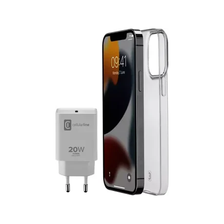 Pachet Husa+Incarcator Retea Cellularline pentru iPhone 13 Mini Transparent