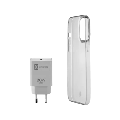Pachet Husa+Incarcator Retea Cellularline pentru iPhone 13 Mini Transparent