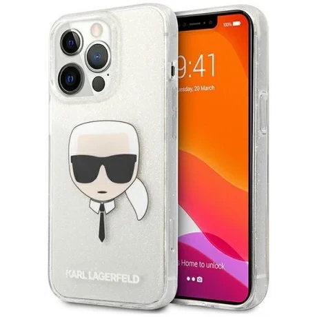 Husa Cover Karl Lagerfeld Full Glitter Karl Head pentru iPhone 13 Pro Silver