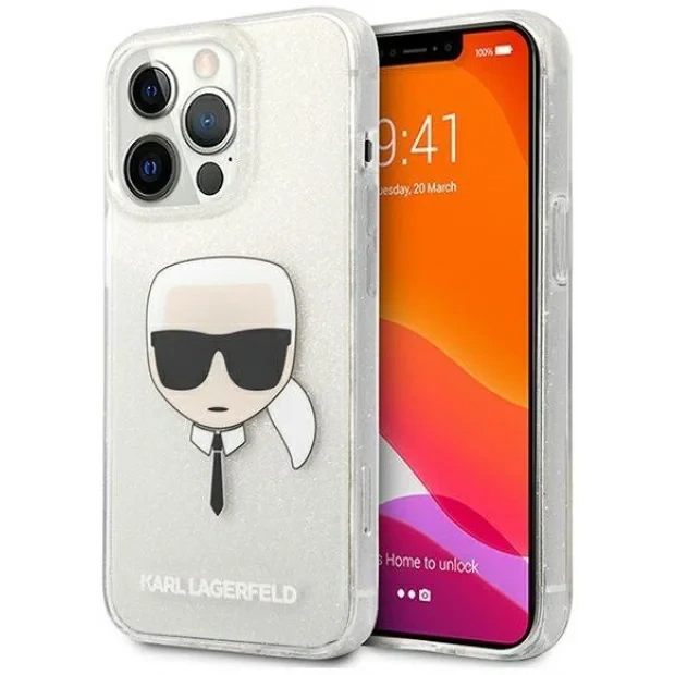 Husa Cover Karl Lagerfeld Full Glitter Karl Head pentru iPhone 13 Pro Silver