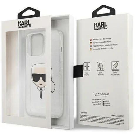 Husa Cover Karl Lagerfeld Full Glitter Karl Head pentru iPhone 13 Pro Silver