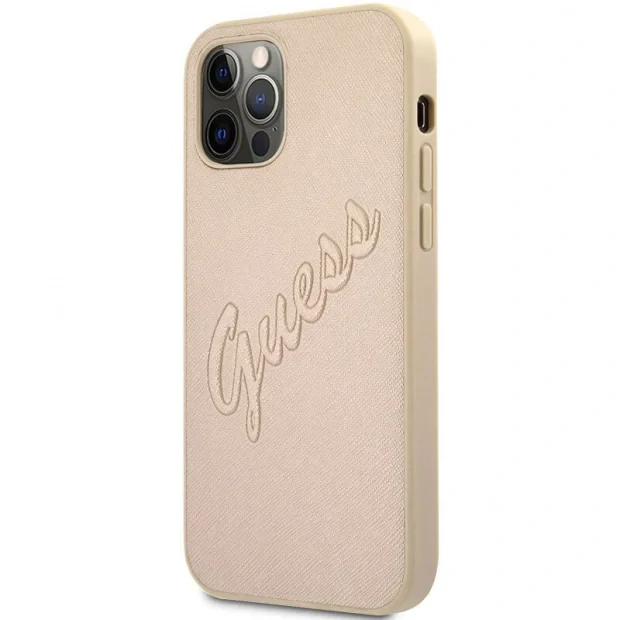 Husa Cover Guess PU Saffiano Vintage Script Pentru iPhone 12/12 Pro Gold