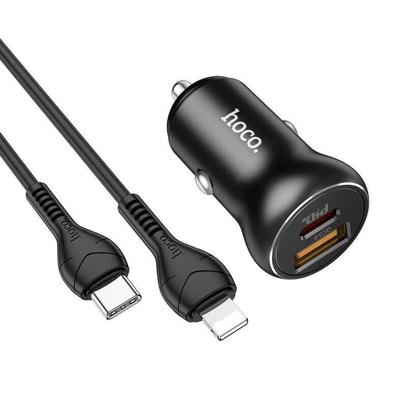 Set Incarcator Auto+ Cablu Date Type-C to Lightning Hoco NZ5 1xUSB 2.1A QC3.0 Negru thumb