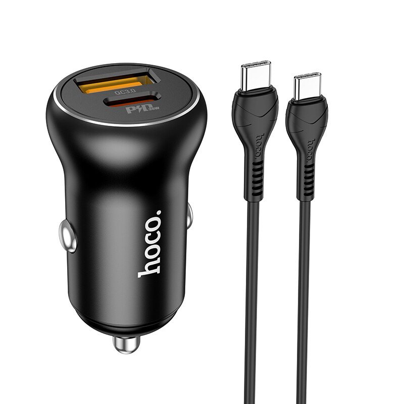 Set Incarcator Auto+ Cablu Date Type-C to Lightning Hoco NZ5 1xUSB 2.1A QC3.0 Negru thumb
