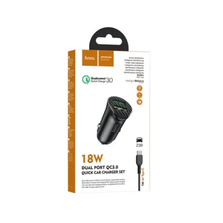 Set Incarcator Auto + Cablu Date Type C Hoco Z39 2XUSB QC 3.0 Negru