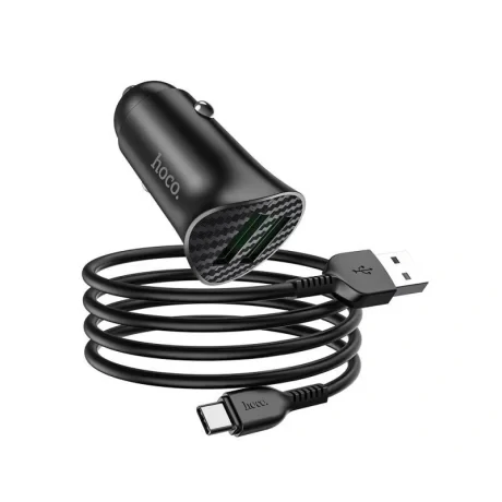 Set Incarcator Auto + Cablu Date Type C Hoco Z39 2XUSB QC 3.0 Negru