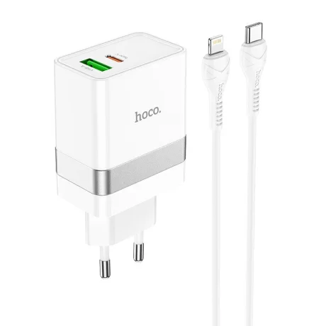 Set Incarcator Retea + Cablu Date Type-C to Lightning Hoco N21 1xUSB 1xType C 2.1A QC3.0 Alb