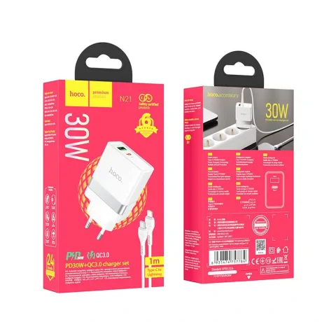 Set Incarcator Retea + Cablu Date Type-C to Lightning Hoco N21 1xUSB 1xType C 2.1A QC3.0 Alb