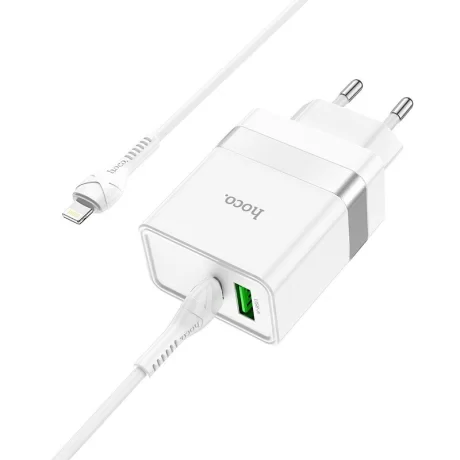 Set Incarcator Retea + Cablu Date Type-C to Lightning Hoco N21 1xUSB 1xType C 2.1A QC3.0 Alb