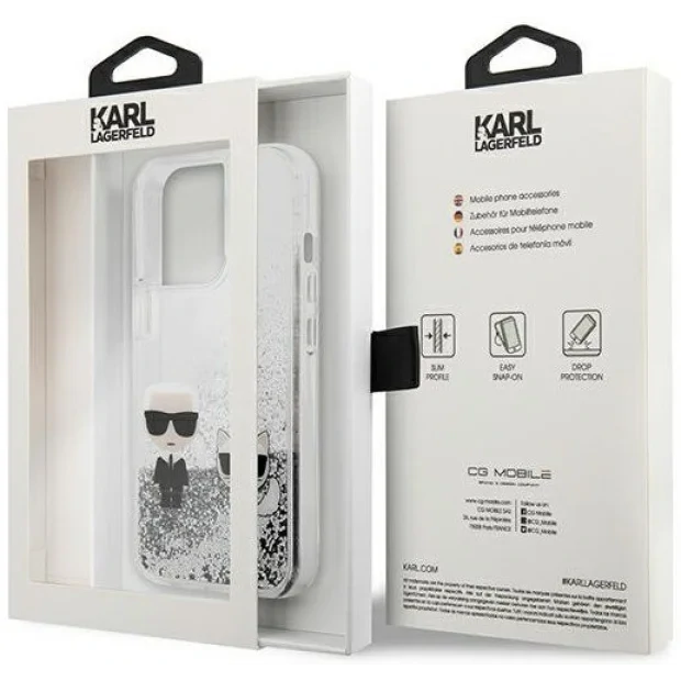 Husa Cover Karl Lagerfeld Liquid Glitter Karl &amp; Choupette pentru iPhone 13 Pro Silver