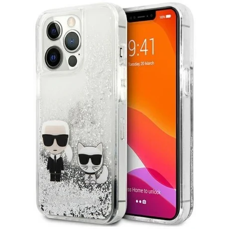 Husa Cover Karl Lagerfeld Liquid Glitter Karl &amp; Choupette pentru iPhone 13 Pro Silver