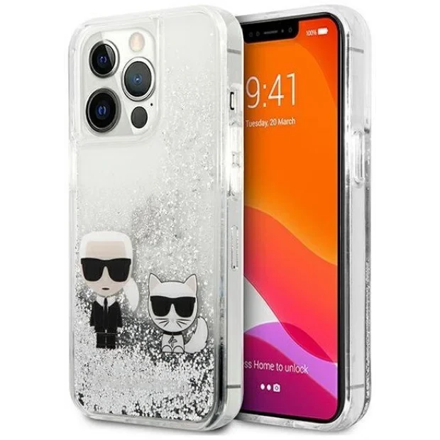 Husa Cover Karl Lagerfeld Liquid Glitter Karl &amp; Choupette pentru iPhone 13 Pro Silver