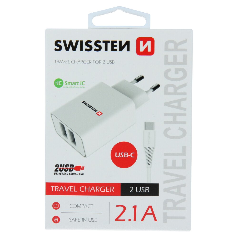 Set Incarcator Retea Swissten Smart IC 2xUSB + Cablu Date Type-C 1.2m 2.1A Alb thumb