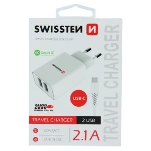Set Incarcator Retea Swissten Smart IC 2xUSB + Cablu Date Type-C 1.2m 2.1A Alb
