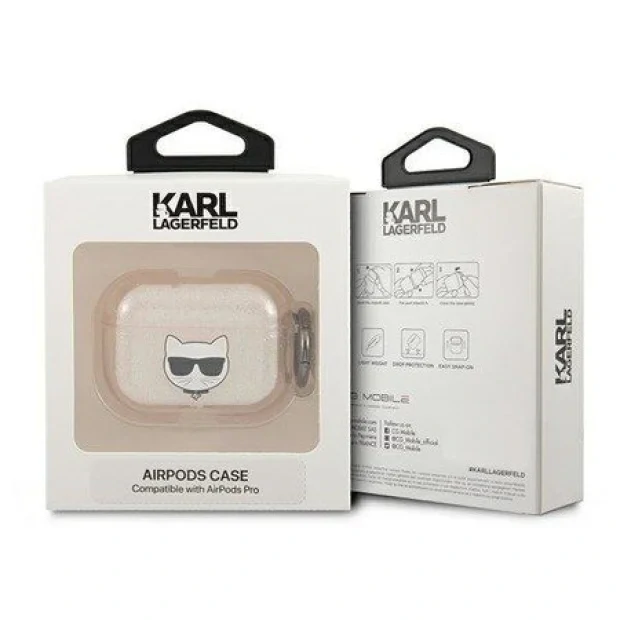Husa Karl Lagerfeld Glitter Choupette Head pentru Airpods Pro Gold