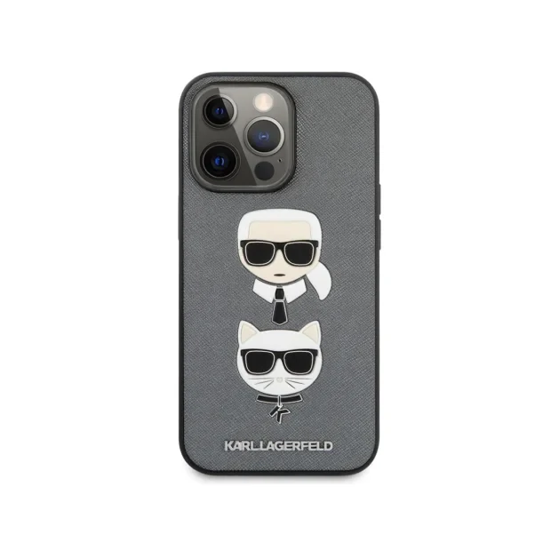 Husa Cover Karl Lagerfeld Saffiano Karl&amp;Choupette Heads pentru iPhone 13 Pro Silver