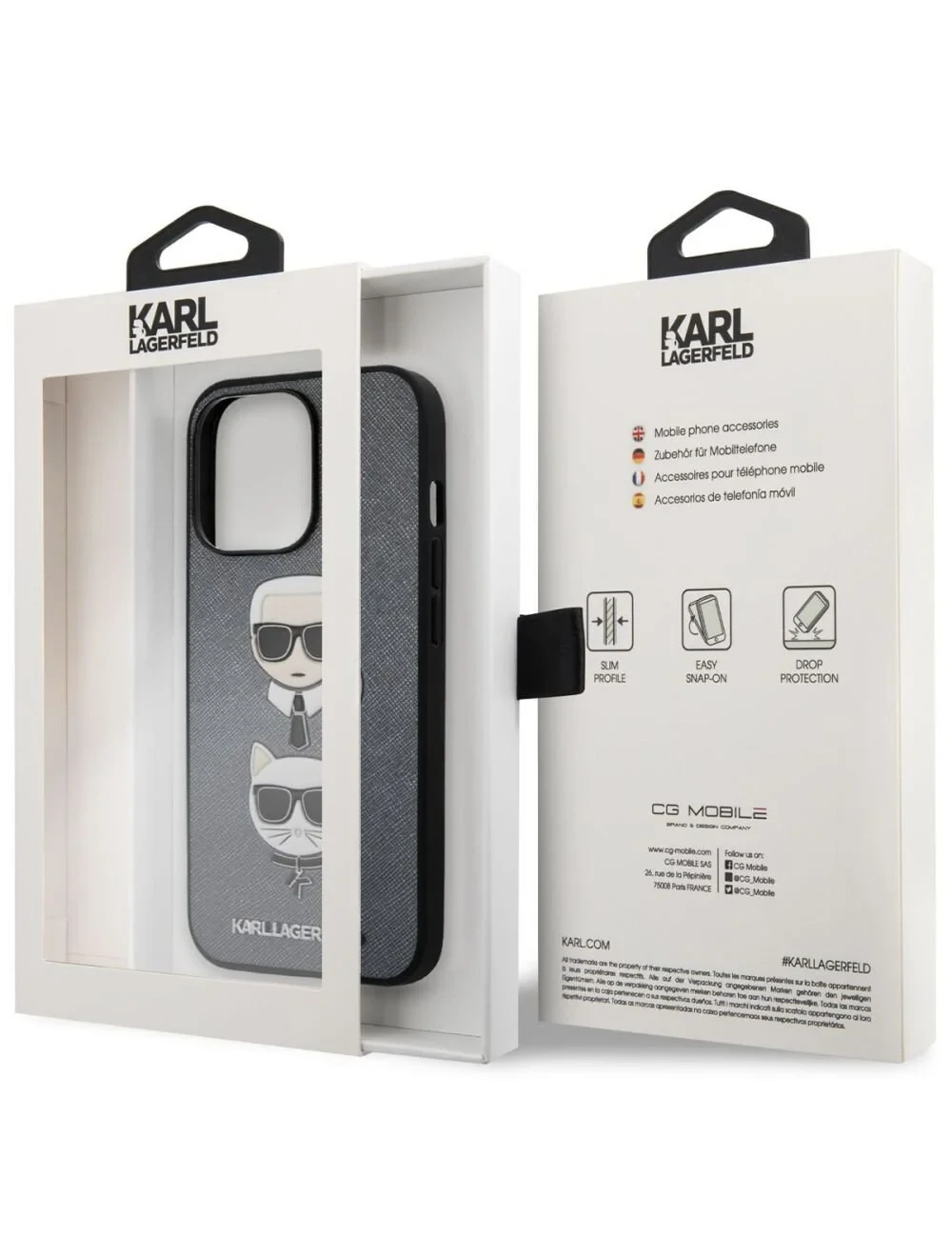 Husa Cover Karl Lagerfeld Saffiano Karl&amp;Choupette Heads pentru iPhone 13 Pro Silver