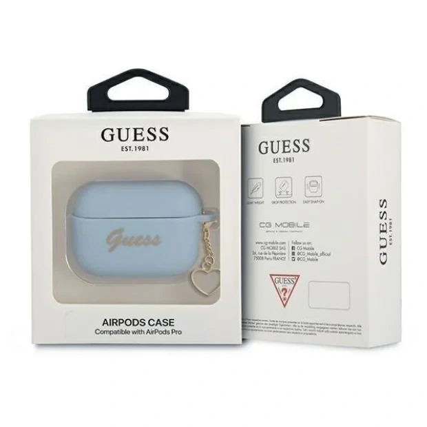 Husa Airpods Guess Silicone Charm Heart pentru Airpods Pro Blu