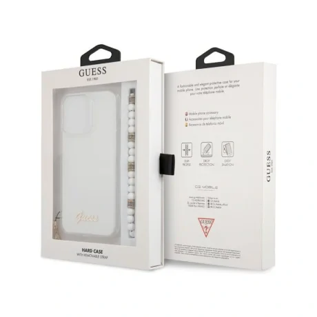 Husa Cover Guess PC Script Pentru iPhone 13 Pro Max Transparent White Pearls