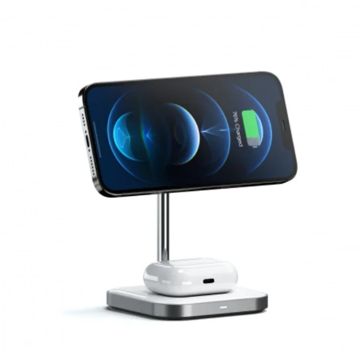 Satechi Aluminium 2-in-1 Magnetic Wireless Charging stand (iPhone 12/13, AirPods Pro, USB-C cable included) ST-WMCS2M- White thumb