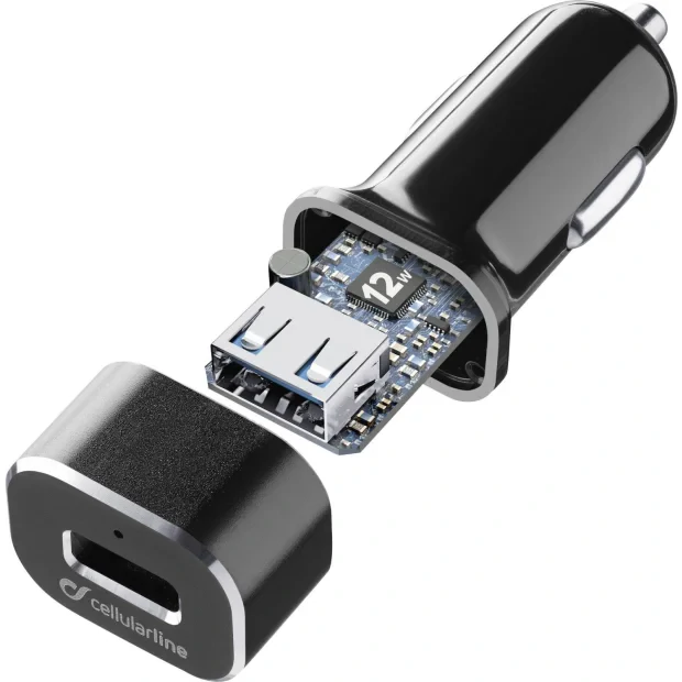 Set Incarcator Auto+Cablu Cellularline 12V Lightning pentru iPhone iPad iPod Negru