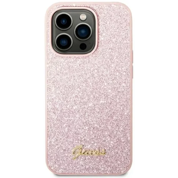 Husa Cover Guess Glitter PC/TPU Flakes Metal Logo pentru iPhone 14 Pro Pink