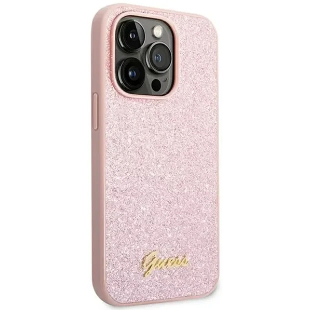 Husa Cover Guess Glitter PC/TPU Flakes Metal Logo pentru iPhone 14 Pro Pink