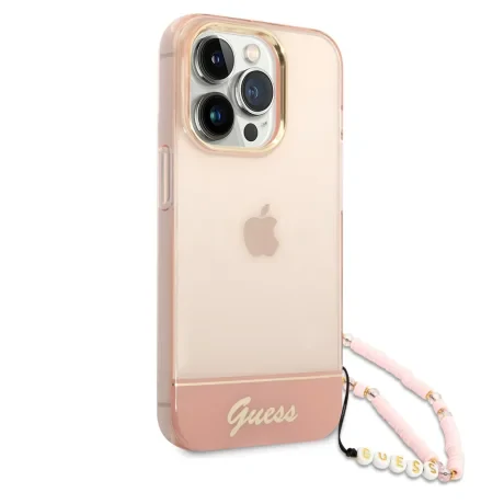 Husa Cover Guess PC/TPU Camera Outline Translucent with Strap pentru iPhone 14 Pro Max Pink